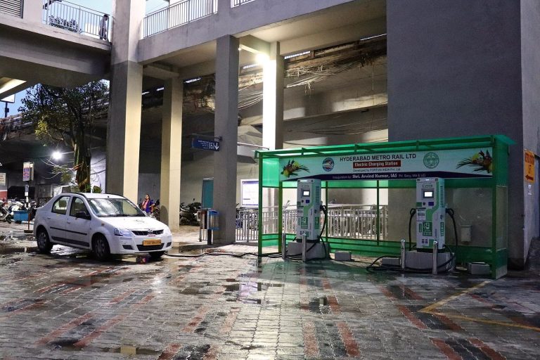 Electric car charging station in Begumpet, Hyderabad, India